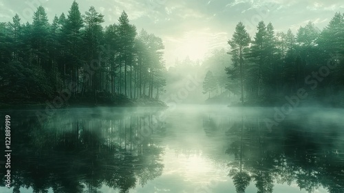 Misty sunrise over serene lake reflecting pine forest.