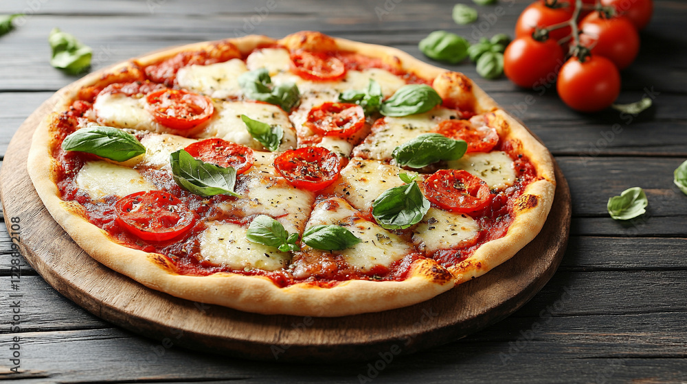 Pizza baking in rustic stone oven evoking warmth authentic flavors minimalistic bright tone modern blurred empty blank caption space on side

