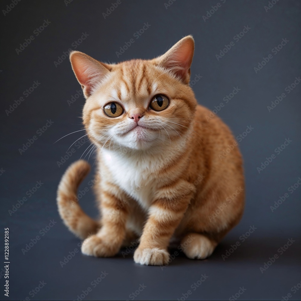 An animated charming orange tabby cat posing with curious expression on grey studio background An animated charming orange tabby cat posing with curious expression on grey studio background