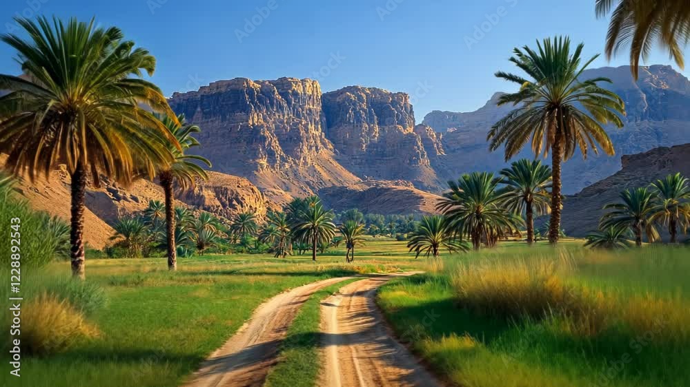 Scenic desert landscape with palm trees and mountains under blue sky Scenic desert landscape with palm trees and mountains under blue sky