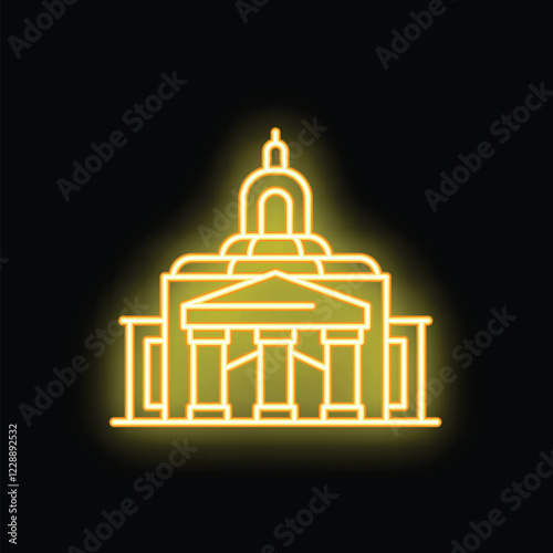 Glowing neon sign depicting the united states capitol building, with its iconic dome and columns, set against a dark background