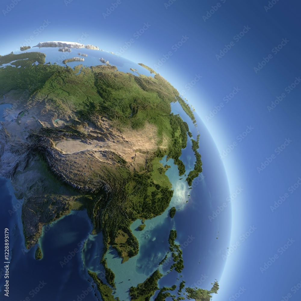 Fototapeta premium A fragment of the Earth with high relief, detailed surface, translucent ocean and atmosphere, illuminated by sunlight