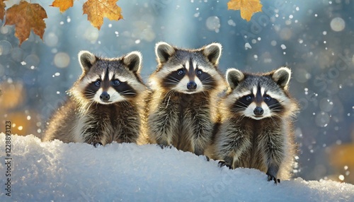 Three raccoons in winter, studio, AI generated, AI generated photo