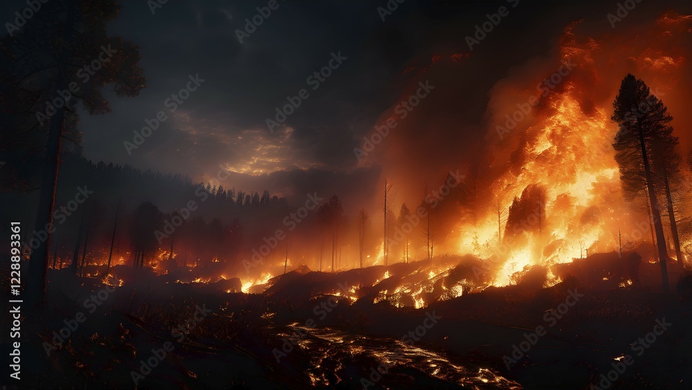 Fototapeta premium Raging wildfire at night tearing through dense forest sky ablaze with fierce glow, AI generated
