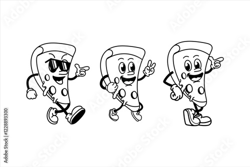 Set Cute and fun retro pizza cartoon character vector illustration. Cool and fun pizza character print design.