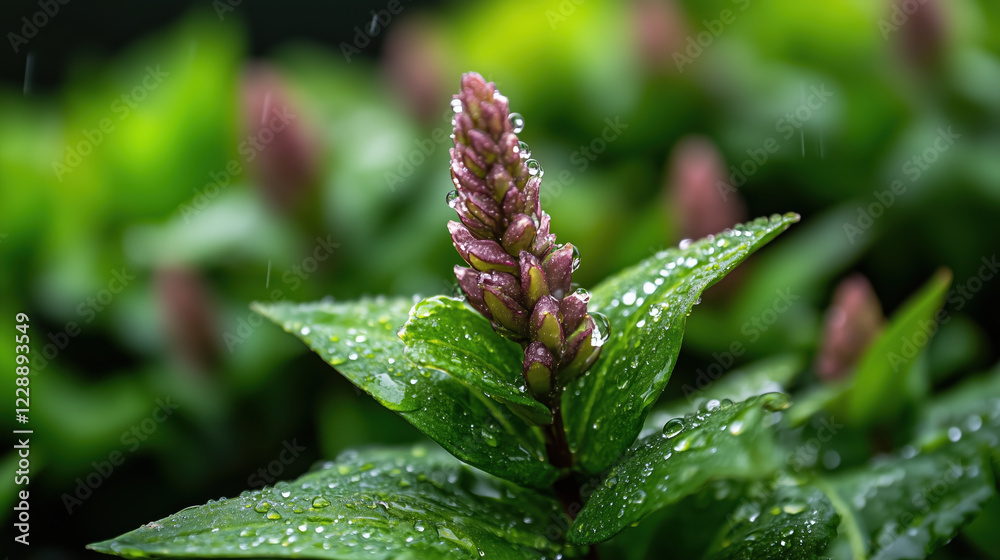 Pink flower bud with water drops on green leaves after rain. Nature macro concept Pink flower bud with water drops on green leaves after rain. Nature macro concept