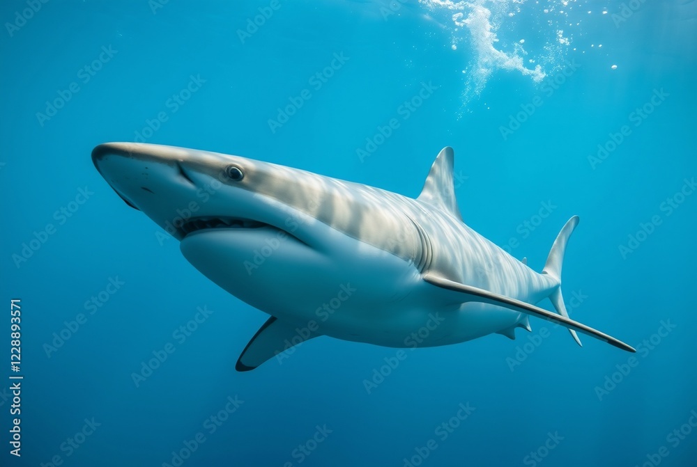 Naklejka premium Majestic Silky Shark Swimming Gracefully in Clear Blue Ocean