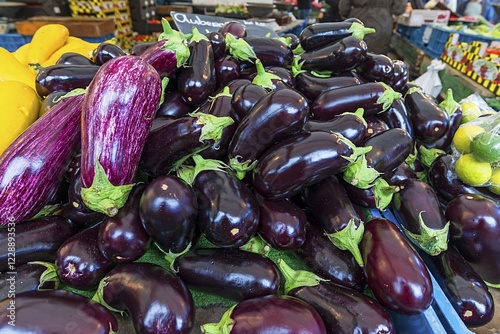 Egg plants (Solanum melongena) on a weekly market, Netherlands photo