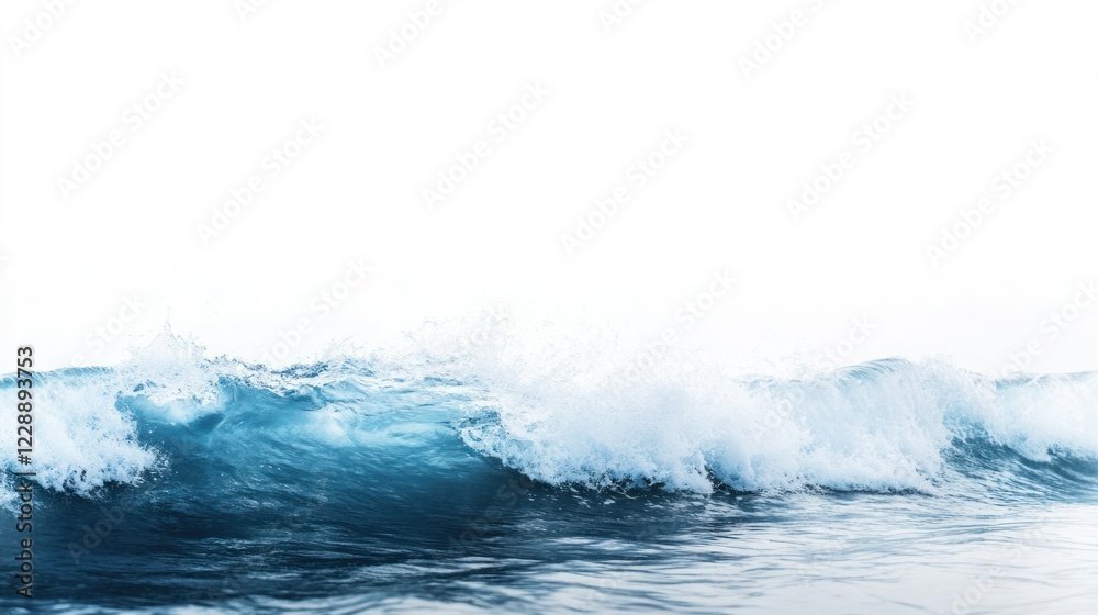 A beautiful blue ocean wave rolling softly, with gentle foam splashes isolated on a crisp white background. A beautiful blue ocean wave rolling softly, with gentle foam splashes isolated on a crisp white background.