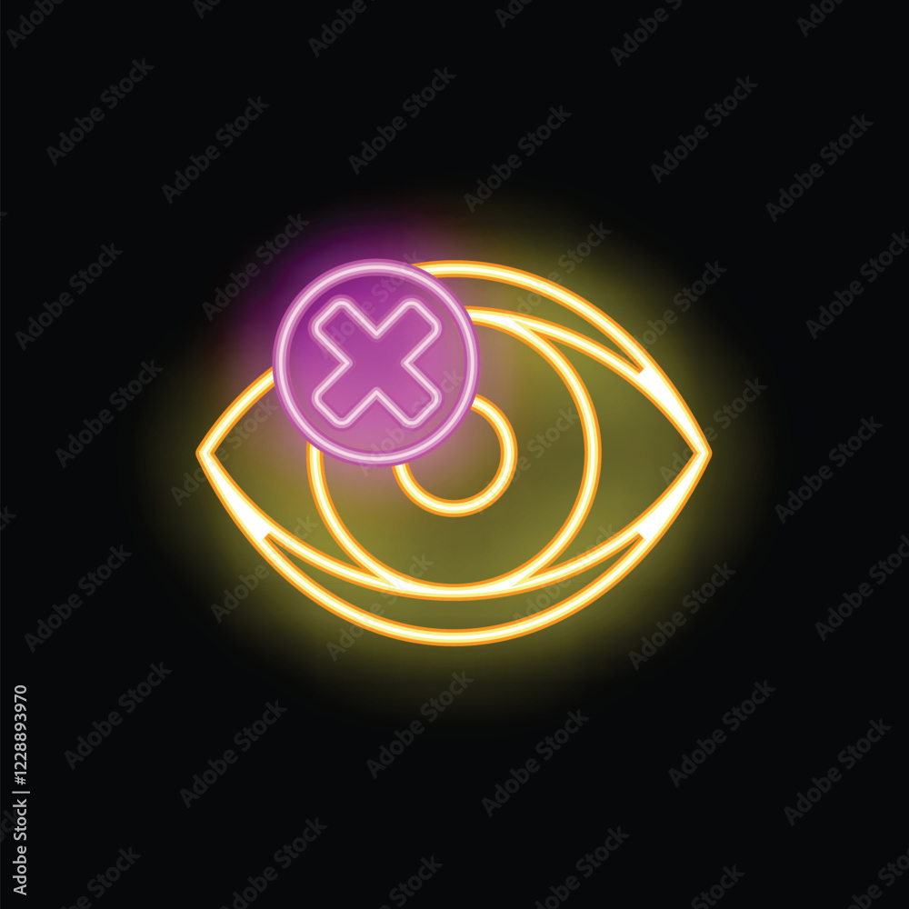 Neon sign of an eye crossed out with a big x, symbolizing blindness Neon sign of an eye crossed out with a big x, symbolizing blindness