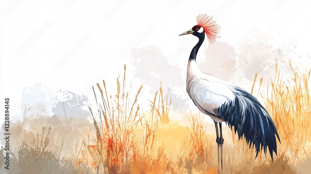 Fototapeta premium Graceful Watercolor Painting of Crowned Crane in Natural Habitat
