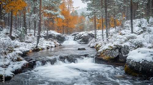 Snowy Waterfall Winter Forest Stream Nature Landscape