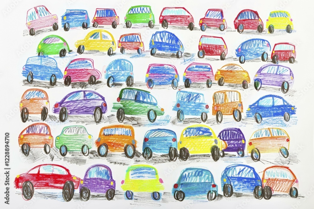 Cars standing in a traffic jam, drawing with coloured pencils by a child of preschool age, primary school age, AI generated, AI generated, AI generated