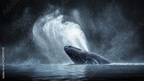 Humpback whale spouting water at night.