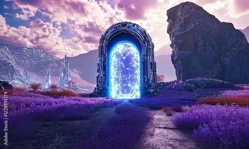 Futuristic portal, lavender field, alien landscape, sunset