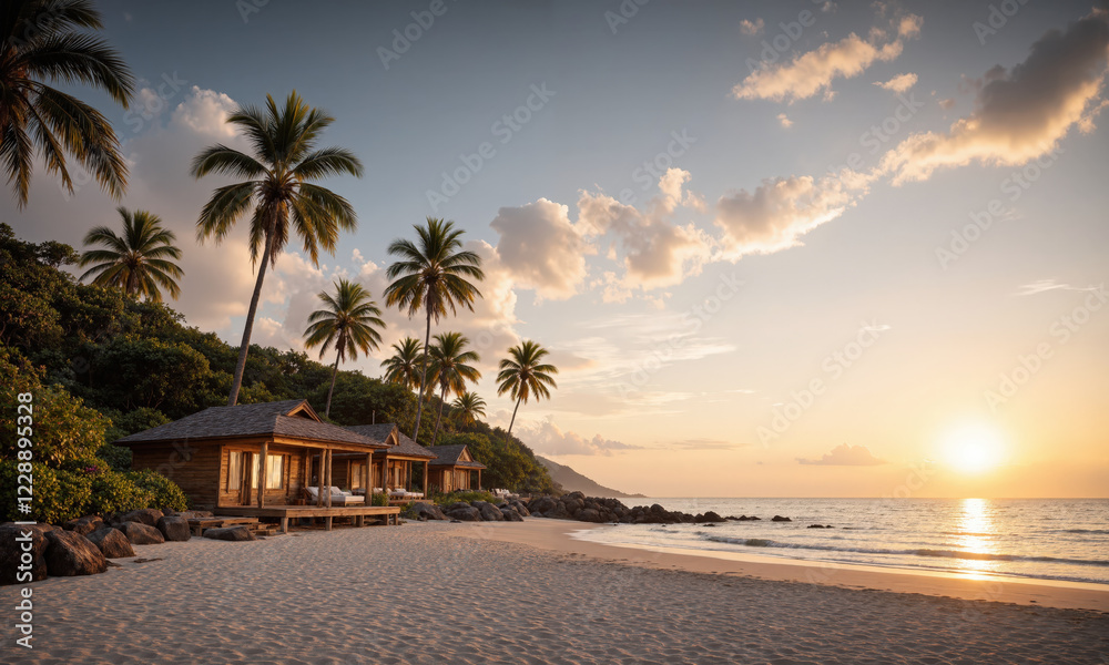Fototapeta premium Secluded Island with Wooden Cabins A tranquil secluded island with rustic wooden cabins nestled between palm trees, the beach empty except for