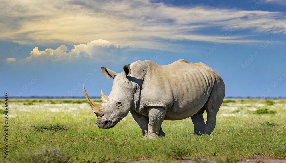Obraz premium AI generated, animal, animals, mammal, mammals, biotope, habitat, one, individual, foraging, wildlife, rhinoceros, white rhinoceros (Ceratotherium simum), white-lipped rhinoceros, white rhino