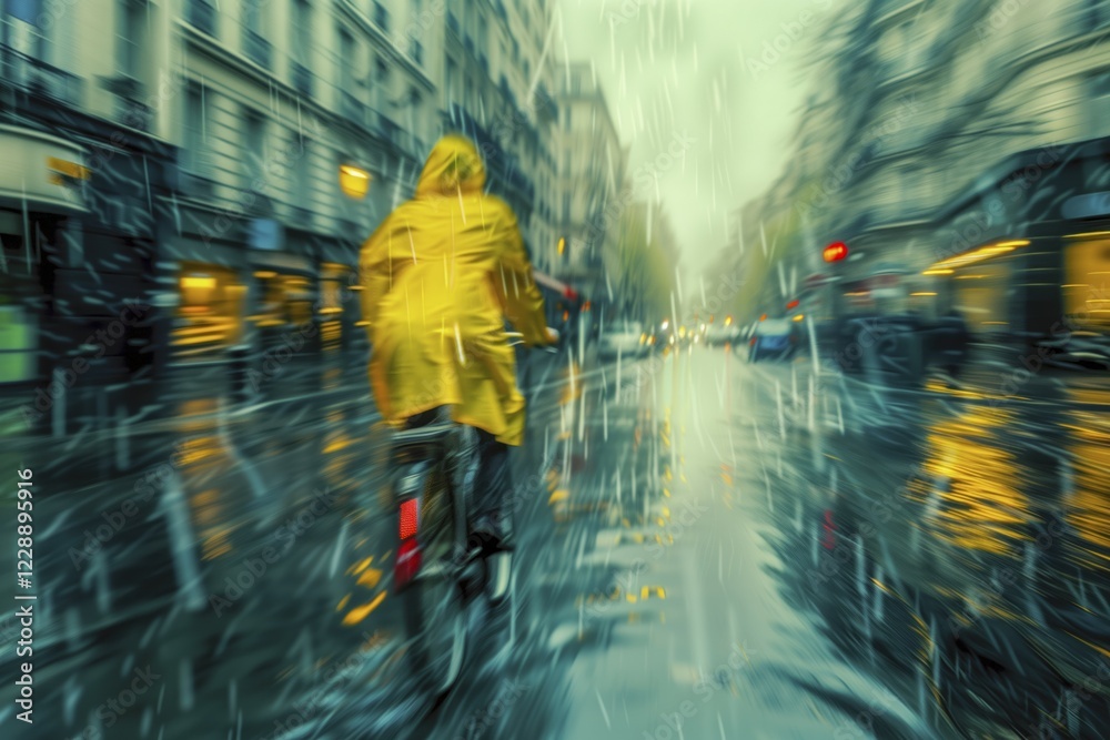 Person in yellow mackintosh riding a bike on a wet road in heavy rain, captured with motion blur, AI generated, AI generated