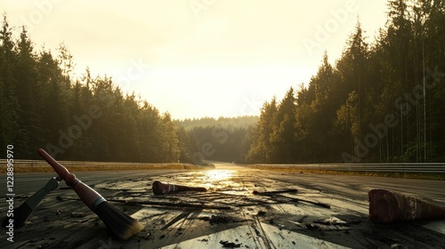 Sunset road painting scene with paintbrushes and spilled paint.