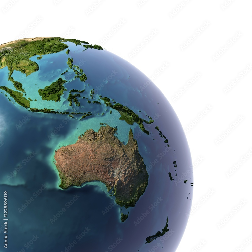 Fototapeta premium Earth with translucent water in the oceans and the detailed topography of the continents. A fragment of Australia and Oceania. Isolated on white