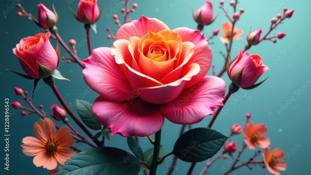 A Vivid Pink Rose with Delicate Peach Blossoms, a Stunning Floral Arrangement Against a Teal Background A Vivid Pink Rose with Delicate Peach Blossoms, a Stunning Floral Arrangement Against a Teal Background