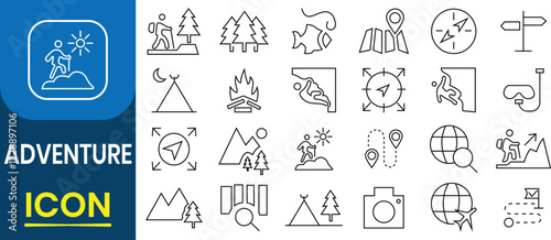 Adventure icon set. Journey and trip icons. Hike, risk, diving, running, jumping, campfire, snorkeling, climbing, travel, vacation, fishing, route. Vector illustration.