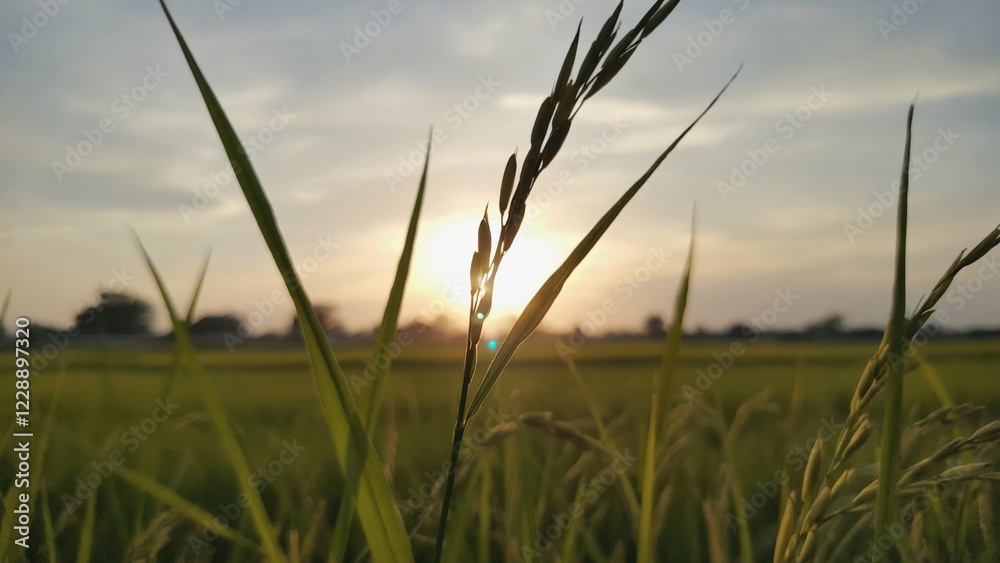 Golden Hour Rice Paddy Sunset, Silhouetted Grain Stalks and Dramatic Light Golden Hour Rice Paddy Sunset, Silhouetted Grain Stalks and Dramatic Light