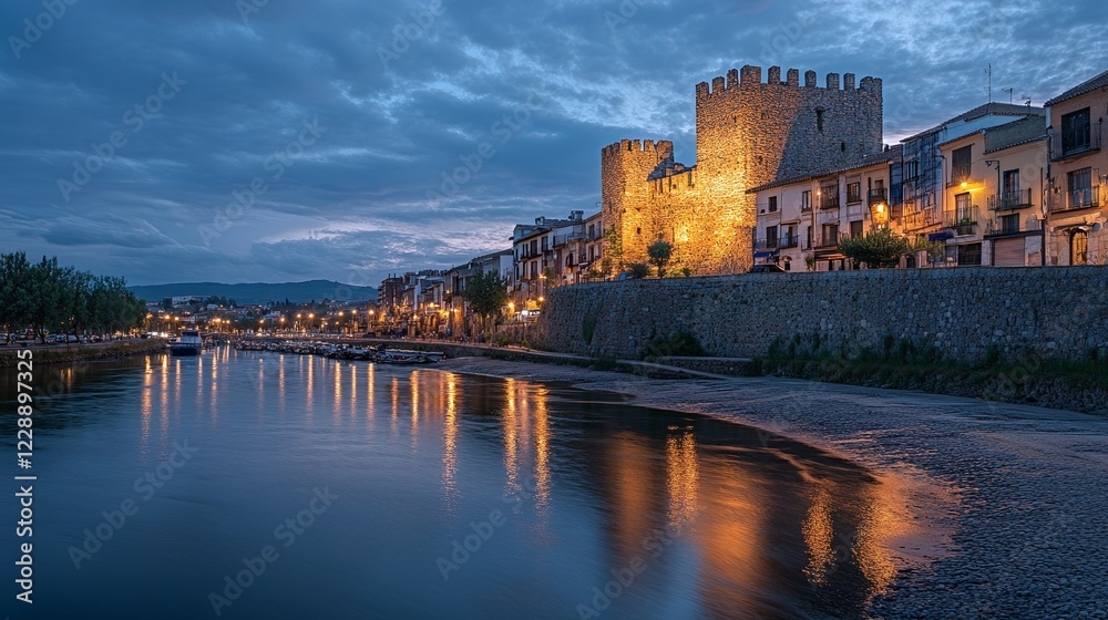 Twilight riverside castle town, Spain, reflection, tourism Twilight riverside castle town, Spain, reflection, tourism