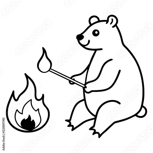 A bear roasting marshmallows at a campfire line art vector illustration 