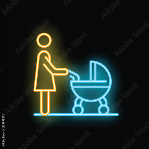 Neon sign of a woman pushing a baby stroller, representing motherhood and childcare