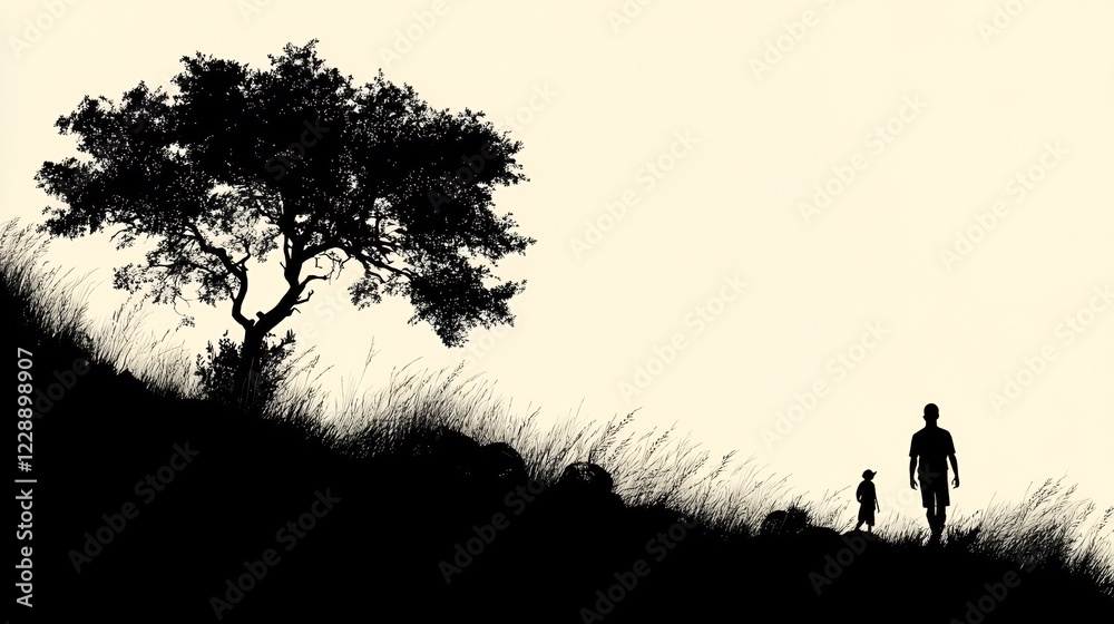 Father, child, hillside walk, tree, sunset, serenity, nature, family, bonding, illustration Father, child, hillside walk, tree, sunset, serenity, nature, family, bonding, illustration