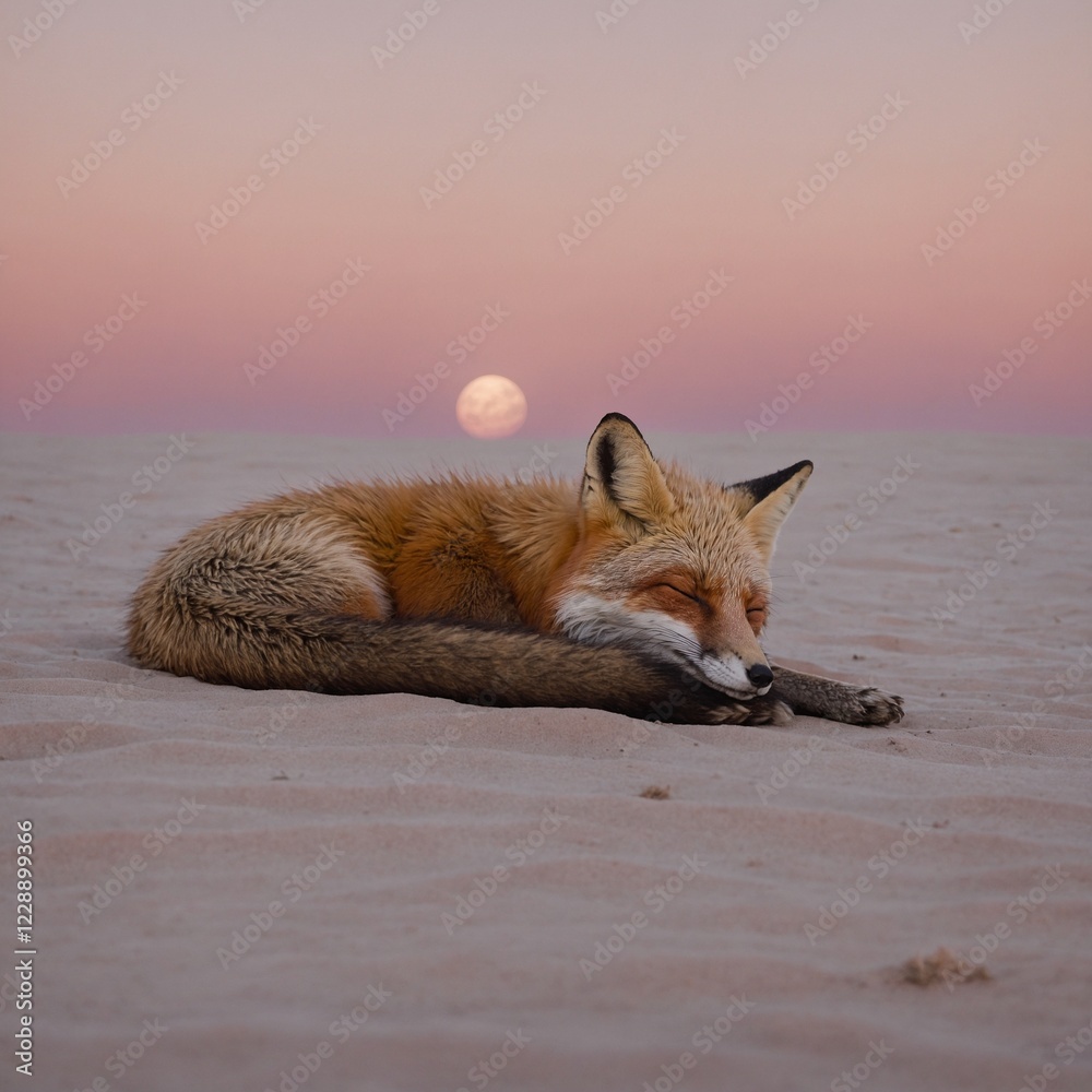 Fototapeta premium A fox peacefully napping on a crescent moon, floating in a soft pink sky.