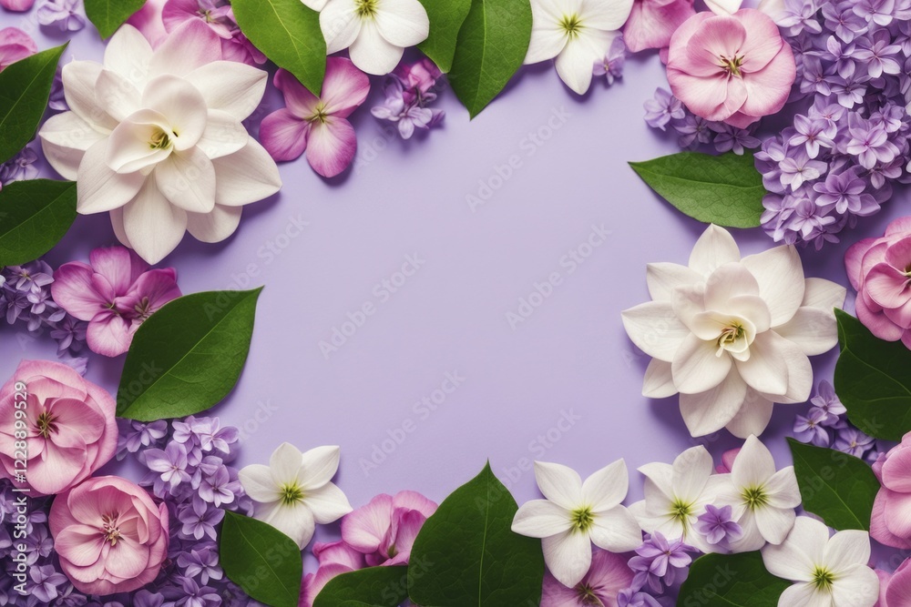 A floral frame with white and pink flowers and green leaves on a purple background, AI generated A floral frame with white and pink flowers and green leaves on a purple background, AI generated