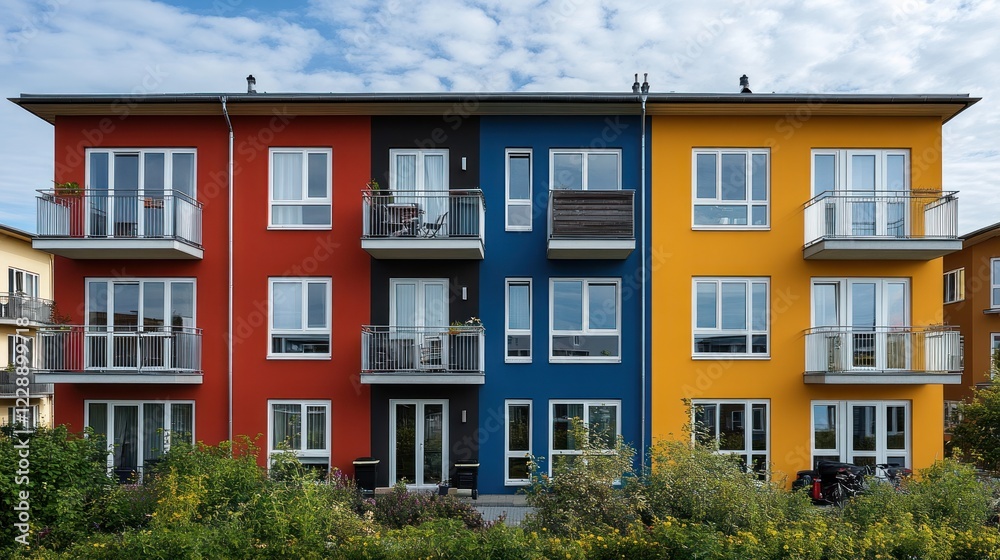 Naklejka premium Colorful apartment building, sunny day, suburban setting
