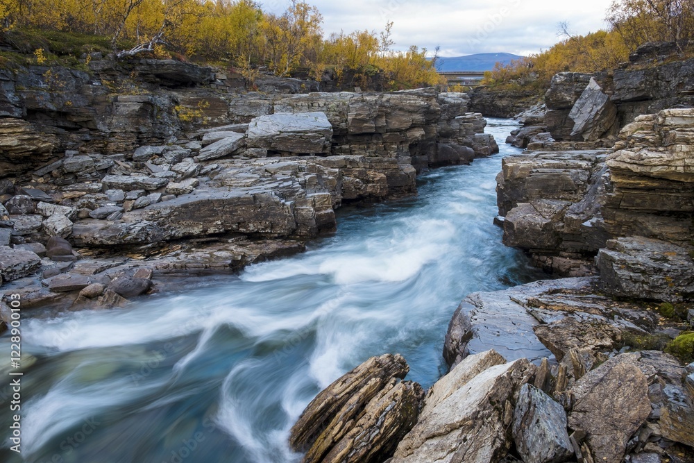 Obraz premium Autumnal Abisko Canyon, River Abiskojåkka, Abiskojakka, Abisko National Park, Norrbottens, Norrbottens län, Laponia, Lapland, Sweden, Europe