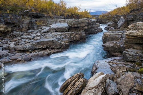 Autumnal Abisko Canyon, River Abiskojåkka, Abiskojakka, Abisko National Park, Norrbottens, Norrbottens län, Laponia, Lapland, Sweden, Europe photo