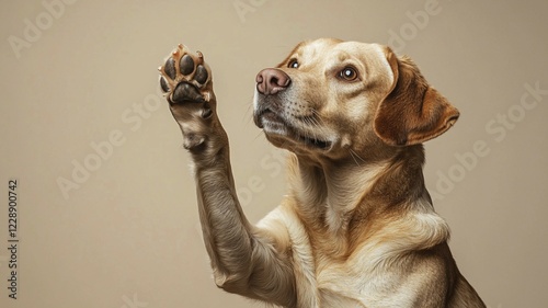 Yellow fluffy dog sitting and raising its paw against a beige background, AI generated photo