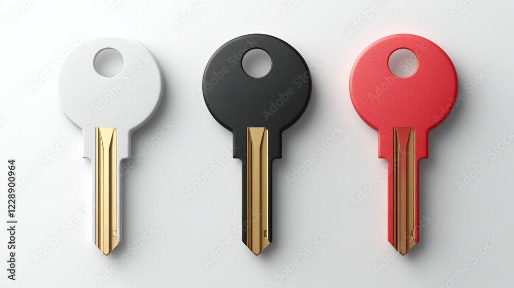 White, black, red keys on white background; security concept White, black, red keys on white background; security concept