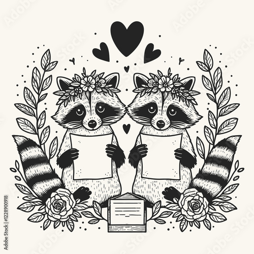 Two whimsical raccoons hold blank signs amidst floral decorations and hearts, creating a charming, playful illustration. photo