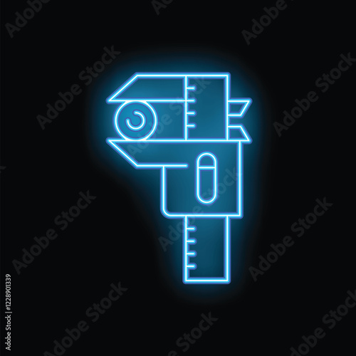 Glowing neon icon of a caliper measuring tool with a bright blue outline on a black background