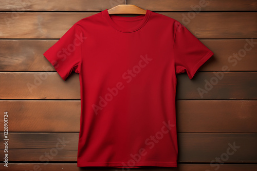 Top view of flat red t shirt mockup on wooden background. Generative ai