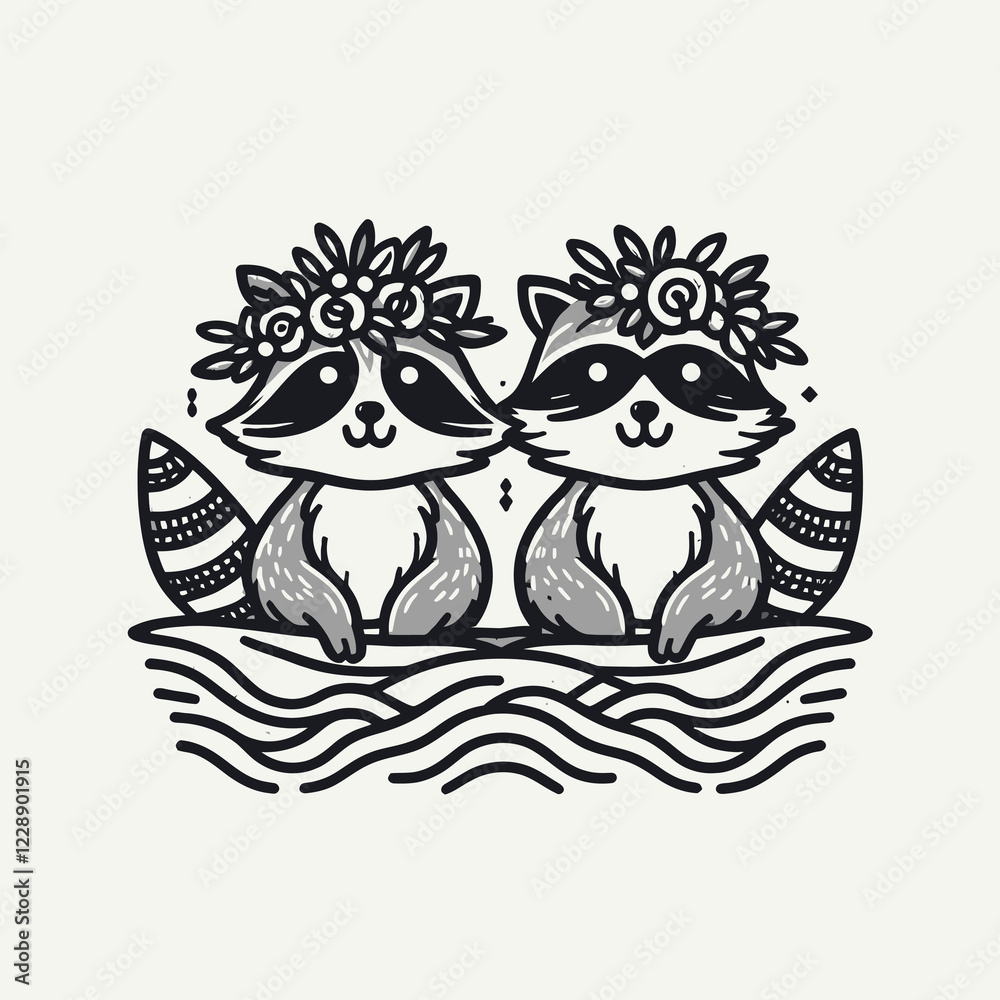 Obraz premium Two charming raccoons with flower crowns sit adorably on waves, embodying a playful and whimsical nature-themed illustration.