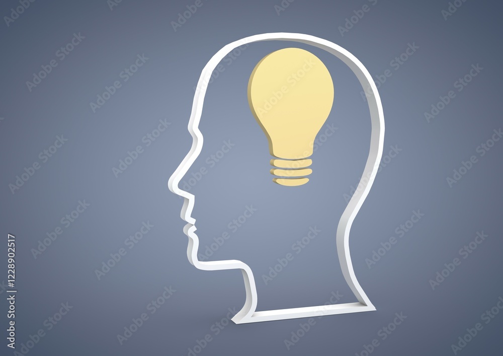 Head with a light bulb symbol, symbolic image for ideas, inspiration, 3D illustration Head with a light bulb symbol, symbolic image for ideas, inspiration, 3D illustration