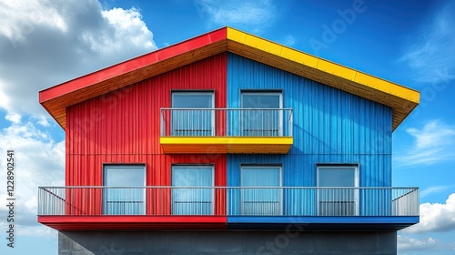 Colorful modern house, blue sky, clouds, advertising photo