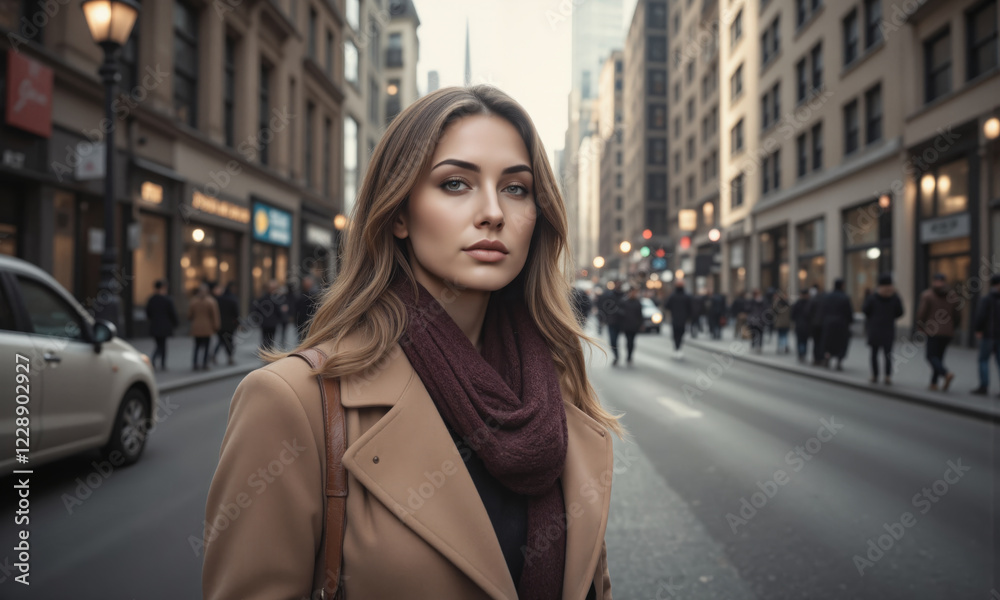 A woman in a mocha mousse-colored coat and scarf, standing on a busy city street, looking ahead with confidence A woman in a mocha mousse-colored coat and scarf, standing on a busy city street, looking ahead with confidence