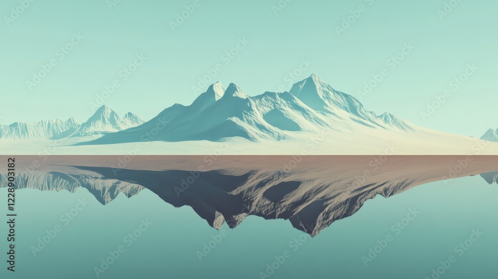 Serene mountain landscape reflecting in calm waters under a clear sky, evoking tranquility Serene mountain landscape reflecting in calm waters under a clear sky, evoking tranquility