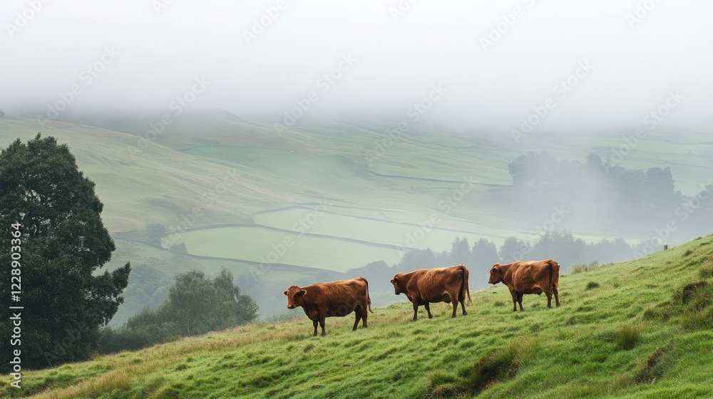 Highland cattle grazing on a hilltop with rolling green fields stretching into the misty horizon. Highland cattle grazing on a hilltop with rolling green fields stretching into the misty horizon.