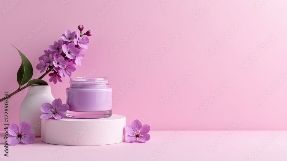 A jar of luxurious skincare cream sits atop a minimalist pedestal, adorned with delicate purple blossoms and nestled beside a vase of flowering branches. A jar of luxurious skincare cream sits atop a minimalist pedestal, adorned with delicate purple blossoms and nestled beside a vase of flowering branches.