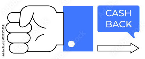 A hand outstretched with a blue sleeve, a blue speech bubble with CASH BACK, and a forward arrow. Ideal for financial rewards, incentive programs, refunds, promotions, marketing, e-commerce customer