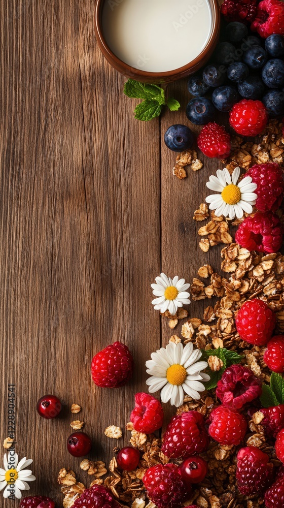 A serene breakfast scene with a bowl of granola, fresh berries, and almond milk on a wooden table A serene breakfast scene with a bowl of granola, fresh berries, and almond milk on a wooden table